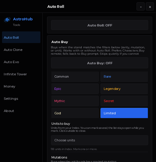 AstroHub Auto Roll e Auto Buy